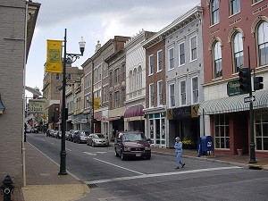 Historic homes on a street in Staunton, Virginia
