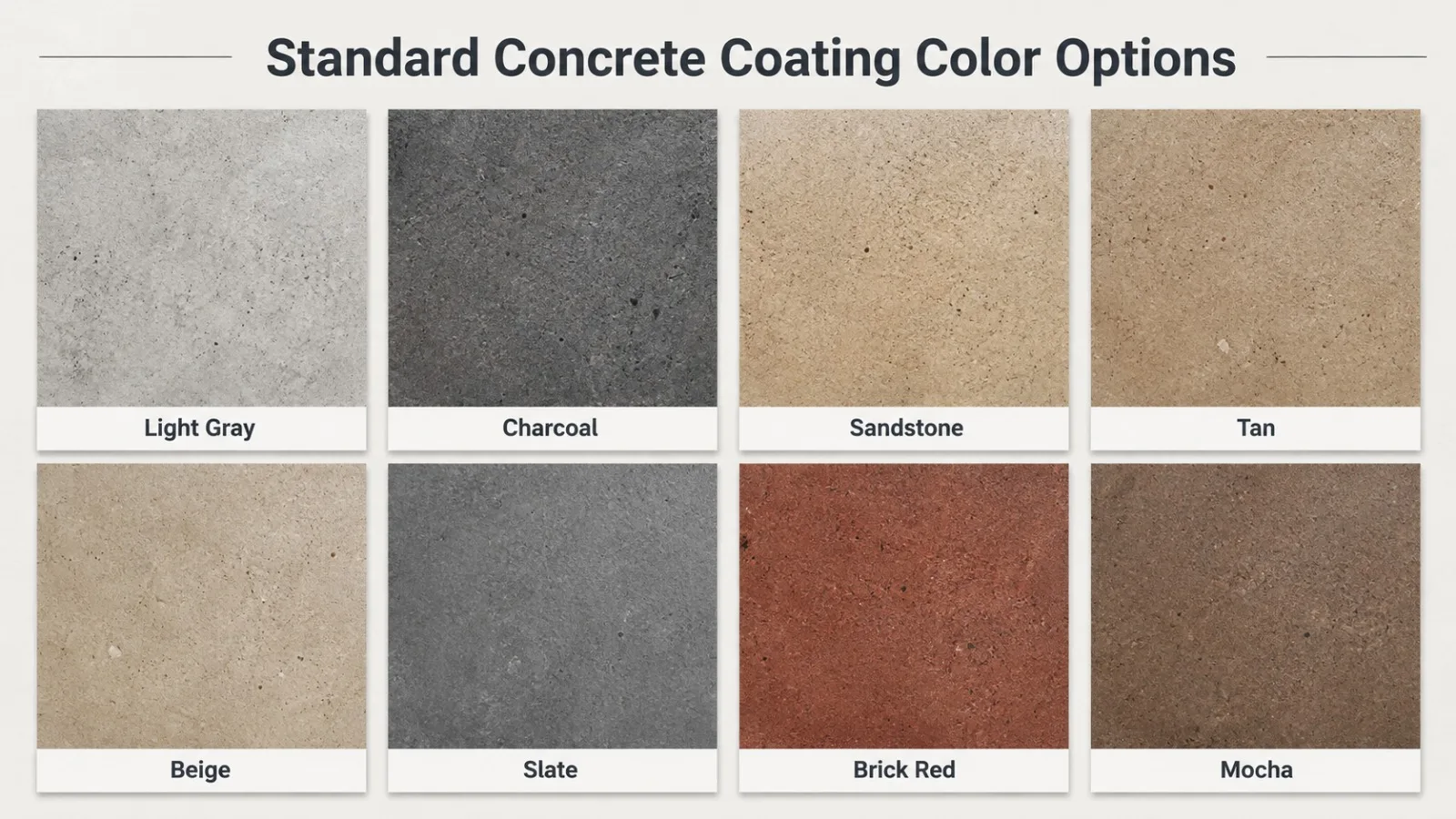 Concrete coating color options including light gray, charcoal, sandstone, tan, beige, slate, brick red and mocha