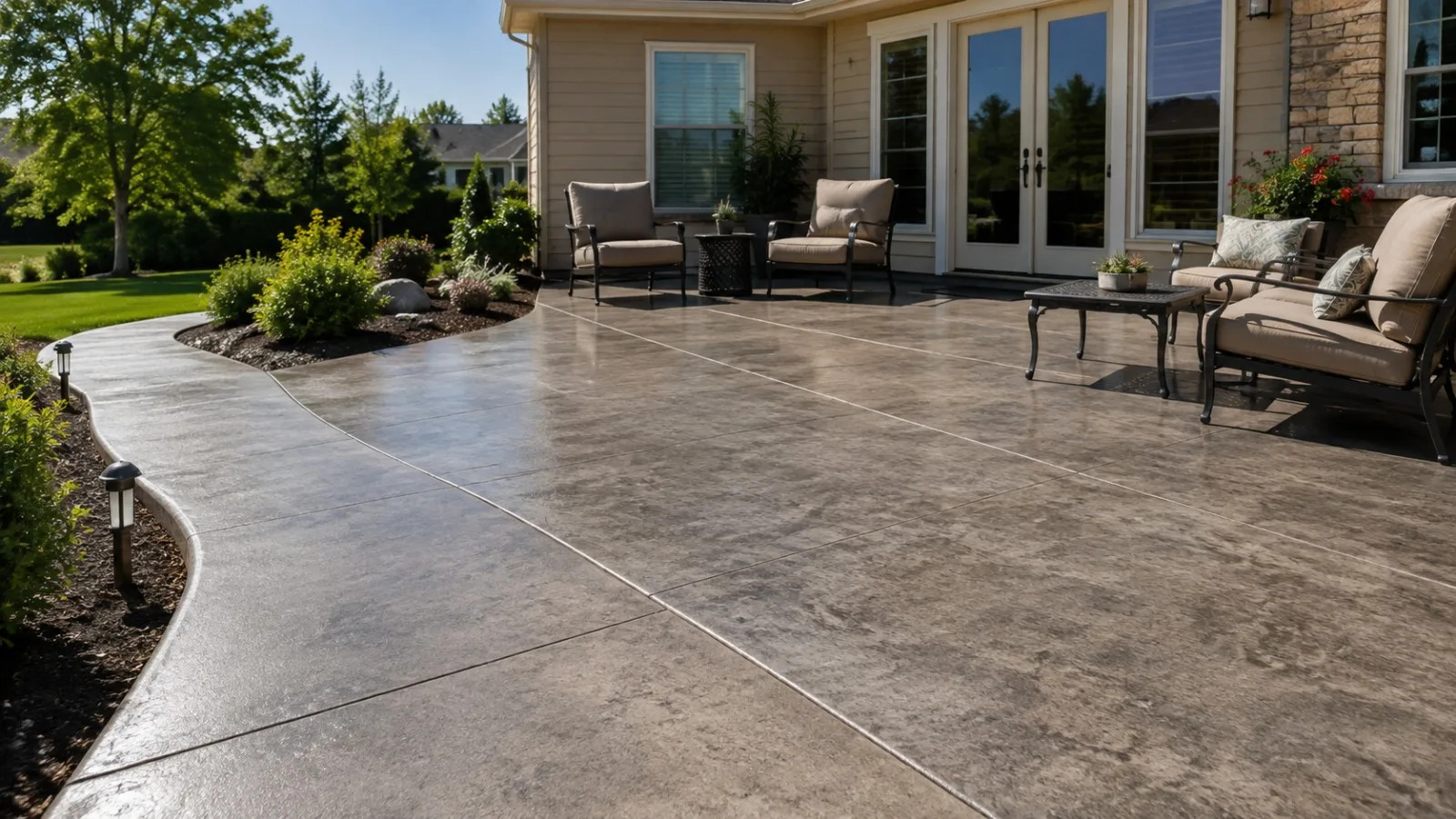 Sealed concrete patio with a subtle sheen and landscaped outdoor seating area